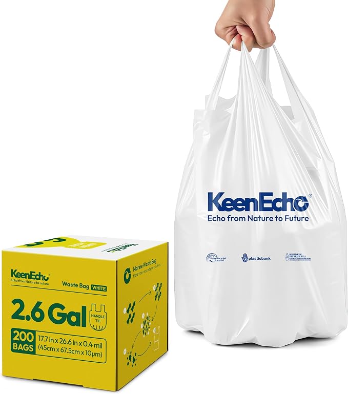 Small Trash Bags with Handles - Ocean Plastic Upcycling - Plastic Garbage Bags, Can Bin & Waste Basket Liner for Kitchen, Bathroom, Office and Pets,2.6 Gallon 200 Count White