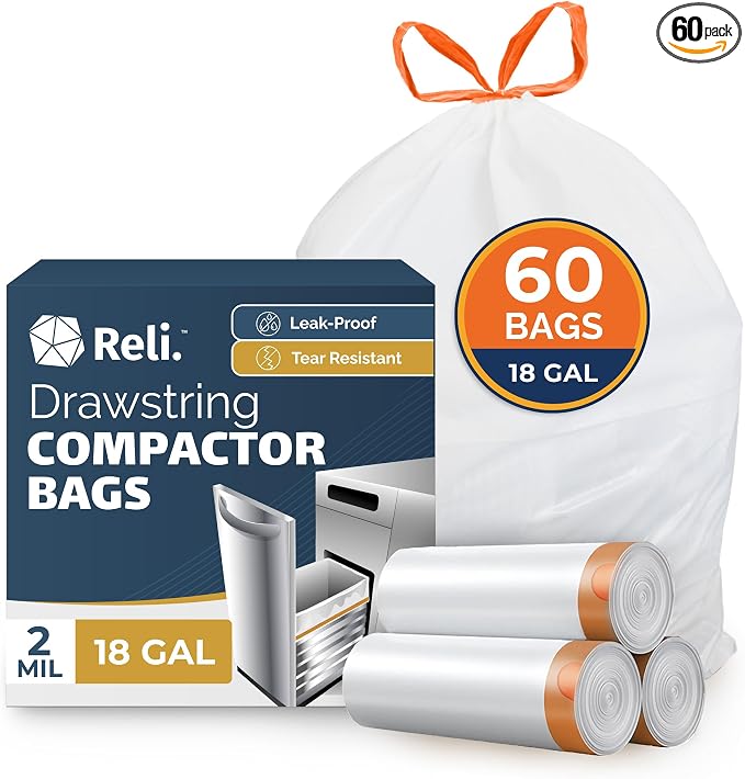 Reli. 18 Gallon Compactor Bags for Kitchen | 60 Pack, Heavy Duty Trash Bags | Leak-proof, Tear-Resistant | Fits Kitchen Aid Whirlpool GE, No-slip drawstring, 24 x 24", White