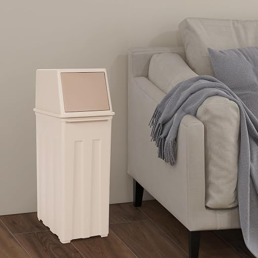 8-Gallon/30L Slim Trash Can with Lid, Modern Kitchen & Office Tall & Narrow Garbage Bin, Odor-Proof Large Capacity, Flap Cover for Home, Bathroom, Outdoor (Khaki)