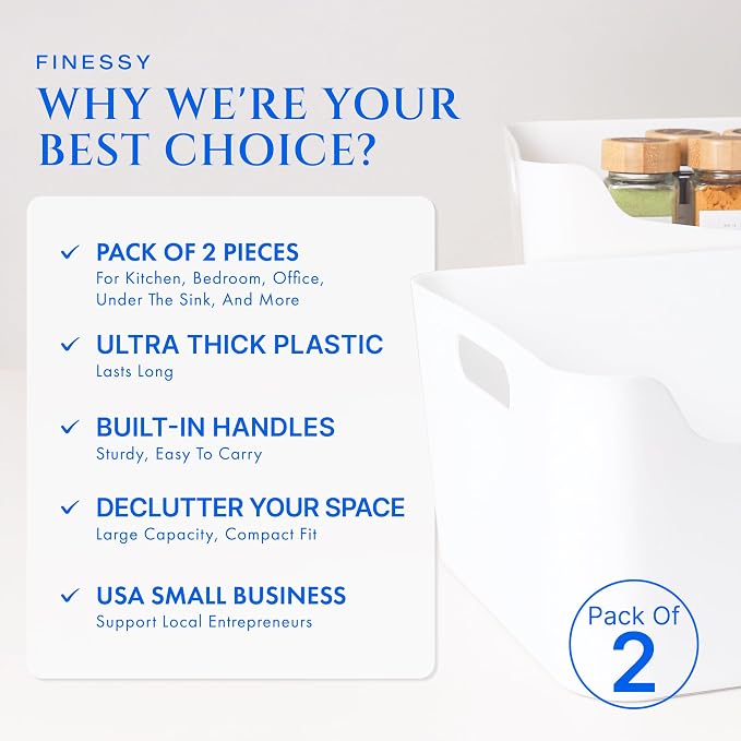 FINESSY White Plastic Storage Bins for Pantry with Handle 2 Pack White Bins | Open Plastic Storage Bins, No Lid To Lift. Shatter-Proof Plastic, 13.4x9.4x5.7 Inches. Great For Craft and Office Supplies.