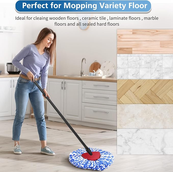 RinseClean Spin Mop Replacement Head for O Ceda RinseClean 2 Tank System | 8 Pack Spin Mop Refills with 1 Rotating Mop Base, Blue Microfiber Mop Refills for Floor Cleaning