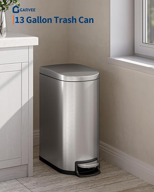GarveeHome 13 Gal / 50 L Stainless Steel Kitchen Trash Can with Lid, Slim Step-On Garbage Bin, Large Rustproof Metal Trash Can with Soft Close, Inner Bucket & Rear Handle, Silver