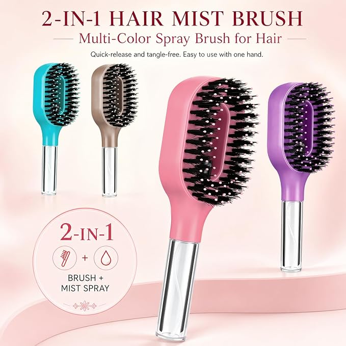 2-in-1 Misting Hair Brush with Built-In Water Spray, Lightweight Anti-Static Mist Comb for Wet & Dry Hair, Smoothing Mist Brush with Fine Continuous Spray for Straight, Curly & Thick Hair (Purple)