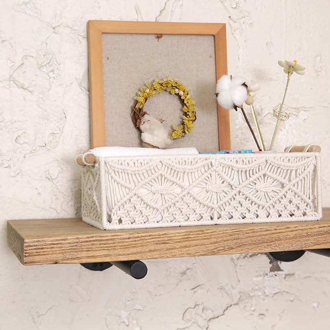 Nonam 2pc Macrame Storage Baskets, Boho Woven Boxes for Home, Weave White | Handcrafted macrame storage boxes. Stylish boho decor for shelves, toilet tank & cabinets. Durable, versatile & chic.