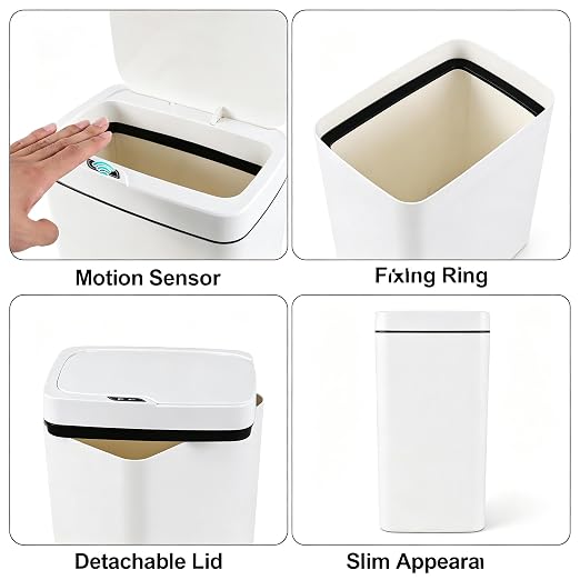 15L Smart Automatic Trash Can with Motion Sensor Lid | Small Touchless Garbage Can, Quiet Close, Easy-Clean White Design for Bathroom, Bedroom, Office