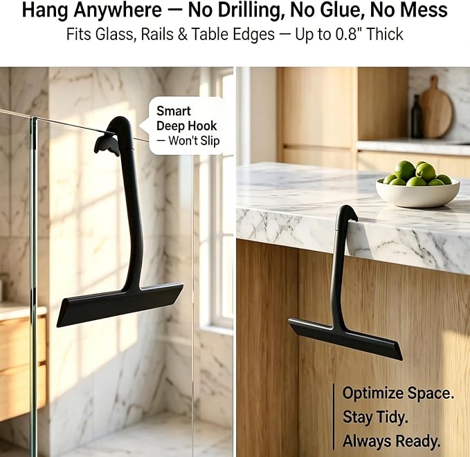 Shower Squeegee for Glass Doors: Streak-Free Silicone, 8.27 inch | One Swipe Silicone Blade, Built-in Hook for Easy Hanging, Versatile for Bathroom Mirror & Car Window (Classic Black)