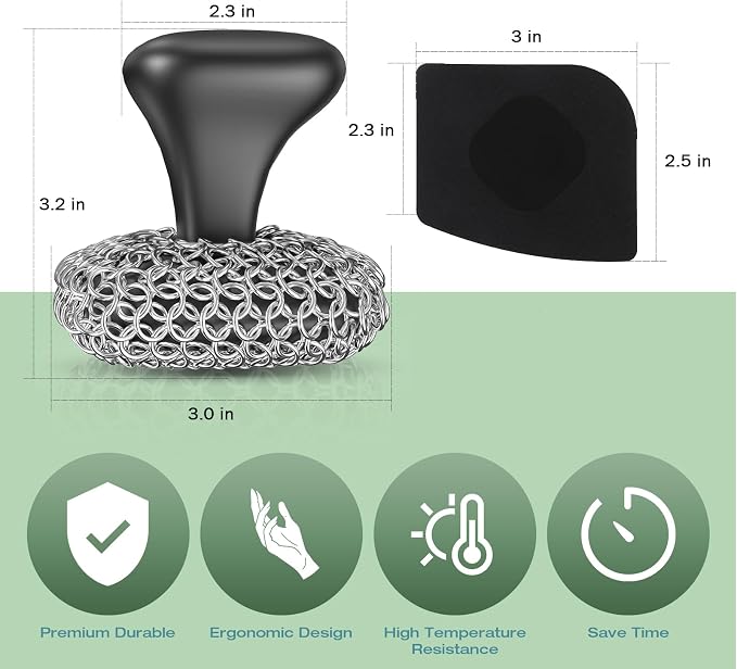 Cast Iron Scrubber Dish Scrub Brush for Cast Iron Pan Skillet | 316 Cast Iron Cleaner, Chain Mail Scrubber Cast Iron, Dish Scouring Pad, Dishwasher Safe, Cleaning Kit, Black
