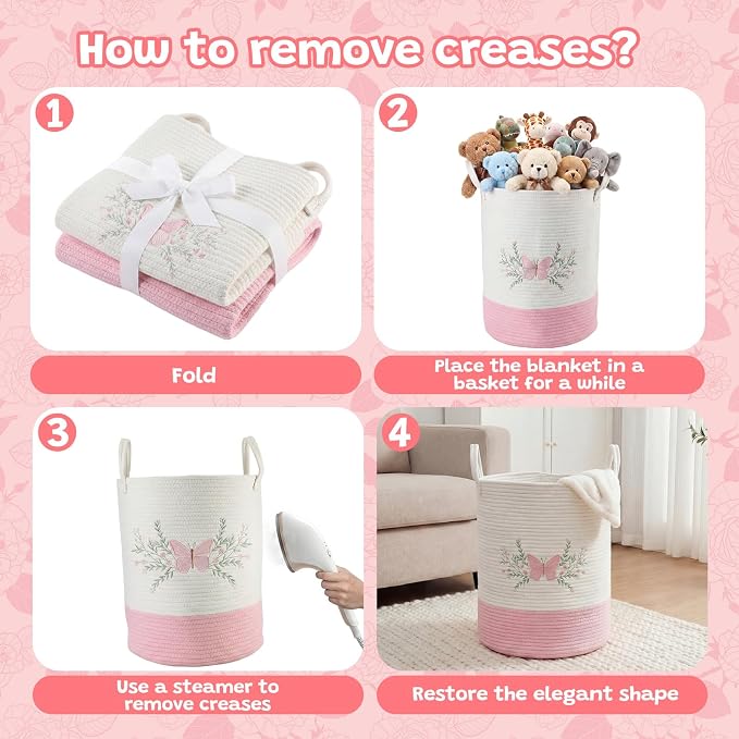 Honeydak Pink Butterfly Laundry Basket Hamper Coquette Laundry Basket Embroidered Cotton Rope Hamper 15 x 17.7 Inches Toy Box Large Coquette Decor Teen Girl Room Storage for Cloth Organization