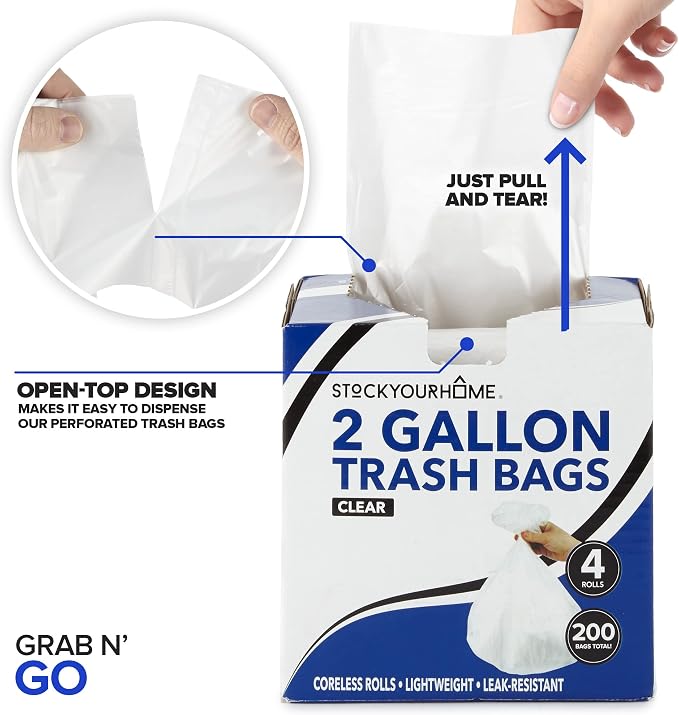 Stock Your Home Clear 2 Gallon Trash Bag (200 Pack) Un-Scented Small Garbage Bags for Bathroom Can, Mini Waste Basket Liner, Plastic Liners for Office Trashcan and Dog Poop, Bulk Household Supplies