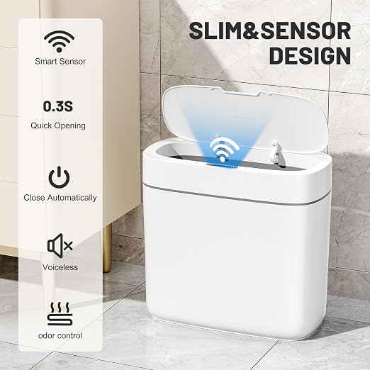 JUDRDO 3.5 Gal Slim Touchless Bathroom Trash Can, Automatic Diaper Pail | Motion sensor opening, automatic liner suction, slim profile for bathrooms, bedrooms, offices, kitchens and nurseries