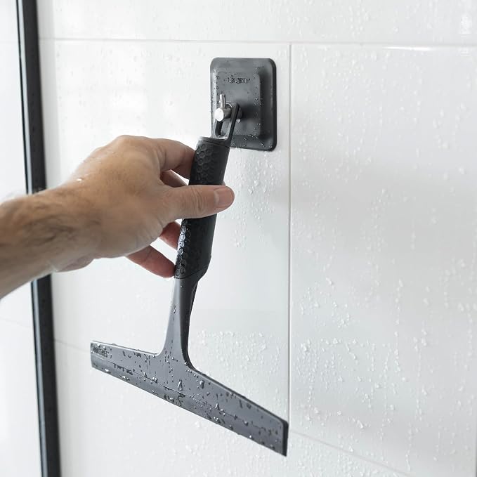 TOOLETRIES The Squeegee & Hook Glass Shower Squeegee – 10 Inch | Silicone grip shower squeegee for glass, mirrors and windows with a matching storage hook.