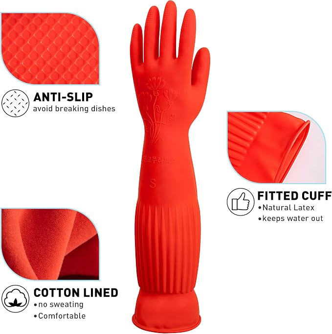 ThxToms Rubber Dishwashing Cleaning Gloves (2-Pair) - Fleece Lined | Reusable Long Dish Gloves for Washing Dishes, Waterproof Kitchen Gloves with Extra-Long Cuff & Anti-Slip Design, Small
