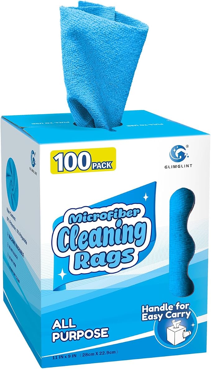 GLIMGLINT Reusable Shop Towels, 100 Pack Microfiber Cleaning Cloth, 11 x9 | Lint Free & Ultra Absorbent Cleaning Rags for Auto Repair, Detailing, Restaurants & Factories, Washable Shop Rag, Blue