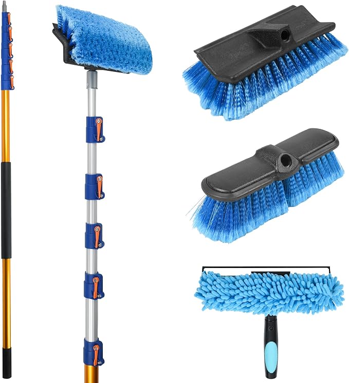 28 FT Exterior House Cleaning Brush Set with 6-21 Foot Telescoping Extension Pole, Soft Scrub Car Wash Brush, Medium Bristle Cleaning Brush and Window Squeegee & Washer