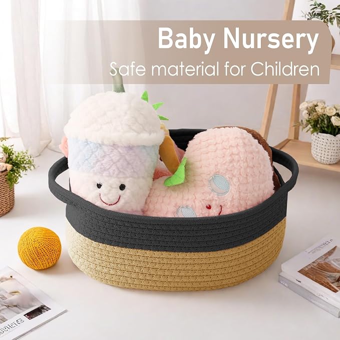 JMvicyroam Small Woven Basket, Empty Gift Basket, Black&Jute/2 Pack | Small Gift Basket, Cotton Rope, 12 x 8 x 82 in, Handles, Includes Ribbon and Bag, Birthday Gift Basket