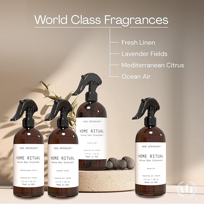 Muse Apothecary Home Ritual Active Odor Eliminator Spray - Furniture Deodorizer Spray & Bathroom Odor Eliminator for Home - Essential Oil Air Freshener - 8oz, Fresh Linen