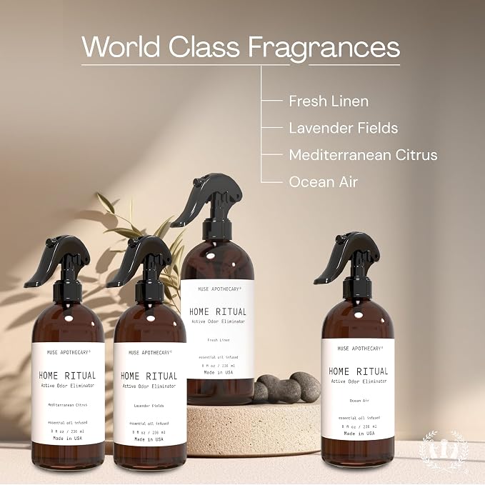 Muse Apothecary Home Ritual Active Odor Eliminator Spray - Furniture Deodorizer Spray & Bathroom Odor Eliminator for Home - Essential Oil Air Freshener - 8oz, Lavender Fields