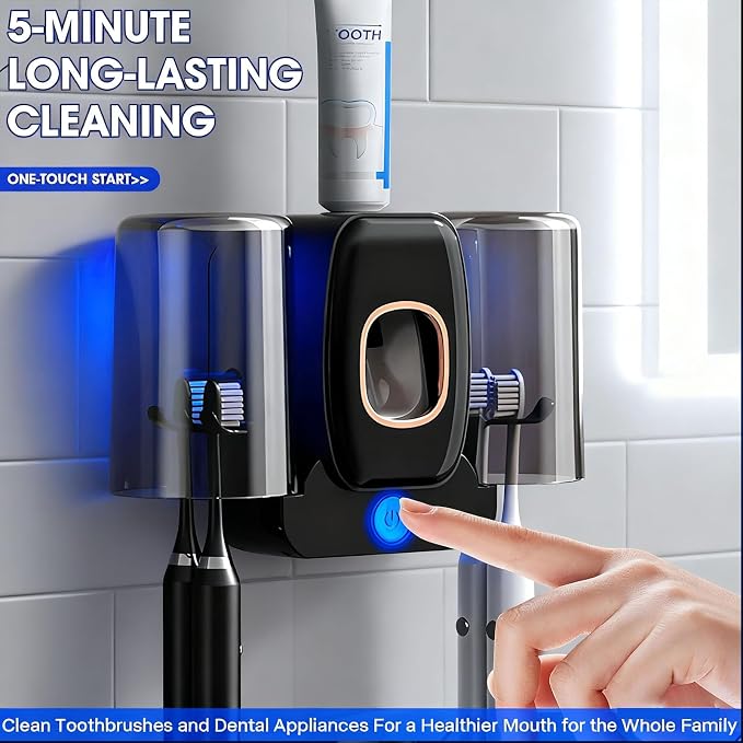 Rechargeable Toothbrush Holder,Wall Mounted Automatic Toothbrush Cleaning Tool with Toothpaste Dispenser & 2 Cups, No Drilling Bathroom Organizer for Family (Black)