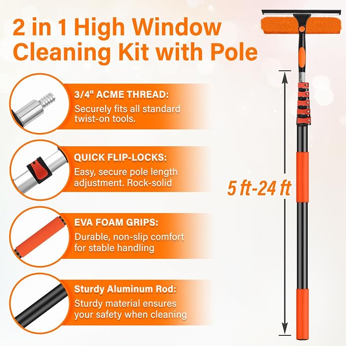 30FT Telescoping Window Squeegee Kit | 2-in-1 Window Washer & Microfiber Scrubber with Extension Pole | High Reach Cleaning Tool for Outdoor, Indoor Windows & Glass