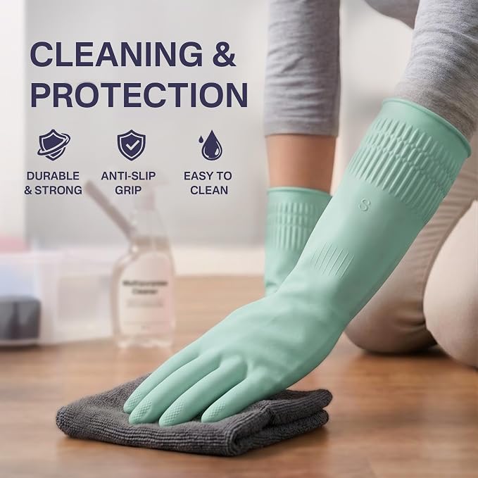 Rubber Dishwashing Gloves, Reusable Cleaning Gloves with Long Cuffs