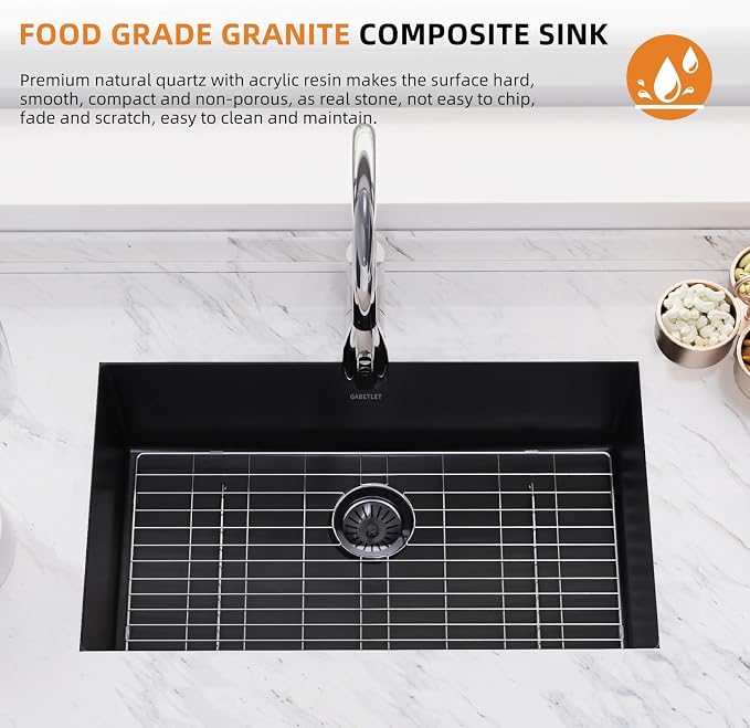 30-inch Granite Composite Kitchen Sink, GABETLET Undermount Quartz Kitchen Sinks with Spacious Workspace and Easy Cleaning, Black Single Bowl Deep Sink with Complete Accessories