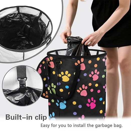 Collapsible Trash Can with Lid, Colorful Paw 24 Gallon Camping Trash Can with Handles Waterproof Portable Recycling Bin for Yard Garden Waste Pop-Up Storage Bags for Toys Clothes