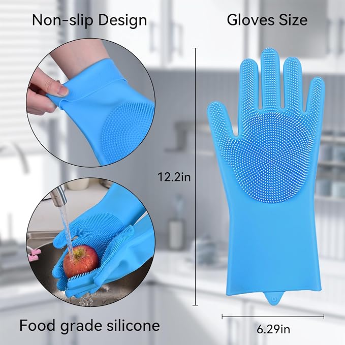 Silicone Dishwashing Gloves with Scrubbers, Pet & Dish Scrubbing（1pair, 12.2" L）