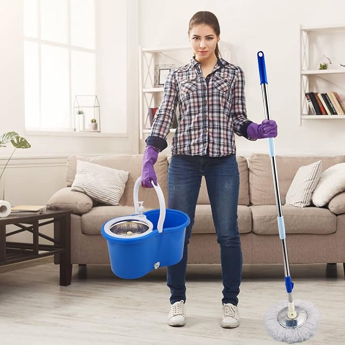 Spin Mop and Bucket with Wringer Set, 3 Mop Refills, 61" Stainless Handle | 360° Spinning Mop System with Stainless Steel Extended Handle & 3 Microfiber Refills for Floor Cleaning