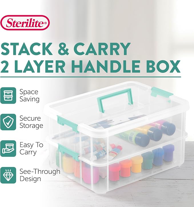 Sterilite 8-Pack Stack & Carry, 2 Layer Handle Box for Home & Office Storage - Clear Base & Lid with Color Latches, Organizer for Art & Craft Supplies, Sewing Tools or 8.5" x 11" Paper