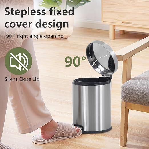 Trash Can, Mini Stainless Steel 6 Liter/1.6 Gallon Bathroom Trash Can Step Garbage Can Round Trash can with Lid w/Removable Inner Bucket Waste Basket for Bathroom Kitchen Office