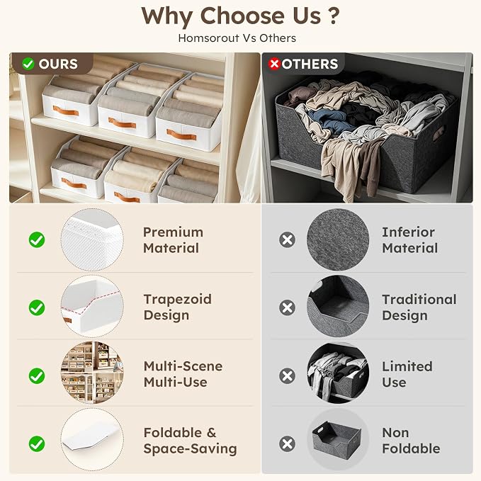 Homsorout Fabric Storage Bins for Organizing - 8 Pack Large Trapezoid Collapsible Storage Bins with Front Handle, Closet Organizers and Storage for Bedroom, Home Shelves, Small Spaces, White