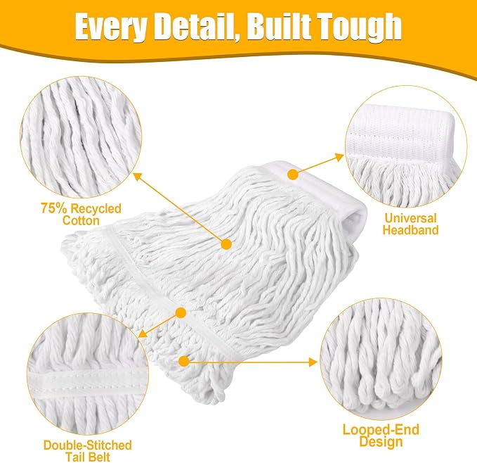 Commercial Mop Head Replacement - 2 Pack Heavy Duty Cotton Heads | Reusable,Machine Washable,5.9 Inch Headband,Looped End String Mop Refill for Home Kitchen Industrial & Floor Cleaning