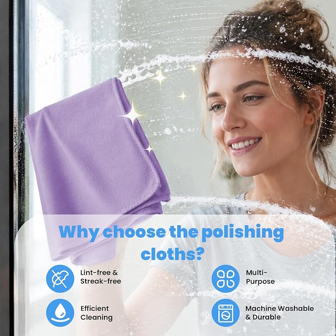 Puomue 12 Pack Microfiber Glass Cleaning Cloth, 10.8 Inch x 13.8 Inch, Lint Free Quickly Clean Windows, Mirrors, Glasses, Phone Screens, Camera Lenses, Purple