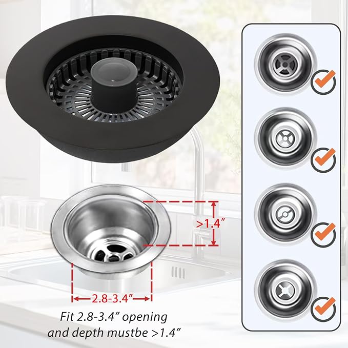 Anlige Kitchen Sink Drain Strainer, 3 in 1 Pop Up Kitchen Sink Stopper | with An Extra Basket Strainer, Universal for US Standard 3-1/2 Inch, Black