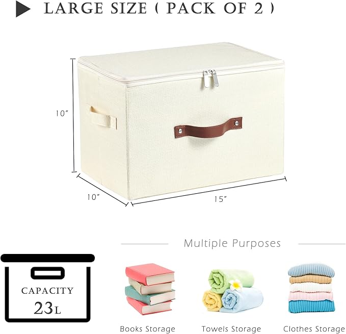 2PCS Storage Bins with Zipper Lids Decorative Lidded Basket Box | Clothes Container, Closet Shelf Organizer, Foldable Washable, Cotton Linen Fabric, w/ PU Leather Handles, Beige, Large