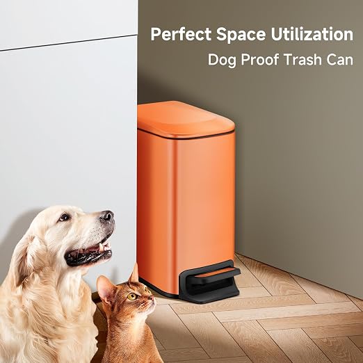 TIPGO Small Bathroom Trash Can with Lid, 1.6 Gal, Soft Close, Orange | Foot Pedal, Soft Quiet Lid, 5.9'' Slim for Narrow Space, Stainless Steel, Anti-fingerprint, Removable Inner Bucket, Odor Seal