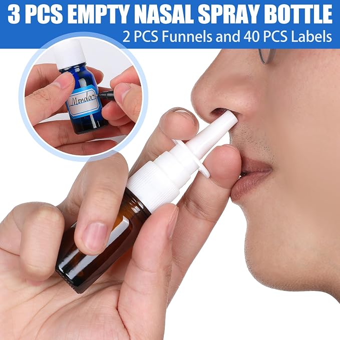 6 Pcs Nasal Spray Bottle, 10ML/0.35OZ 3 Pcs Glass Blue Refillable Empty Fine Mist Nasal Spray Bottle with 2 Funnels and 1 Labels