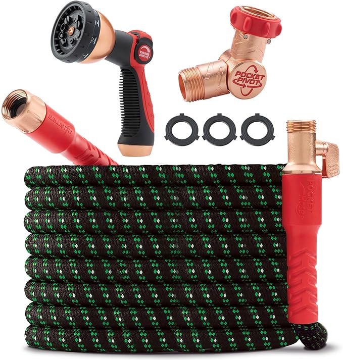 Pocket Hose Ballistic Double UV Edition 100 FT Expandable Garden Hose w/Pocket Pivot Swivel Connector, Anti-Burst Sleeve Reinforced w/Bulletproof Fiber, Lightweight, No-Kink, Compact, AS SEEN ON TV | 100 ft expandable hose with UV protection, anti-burs...