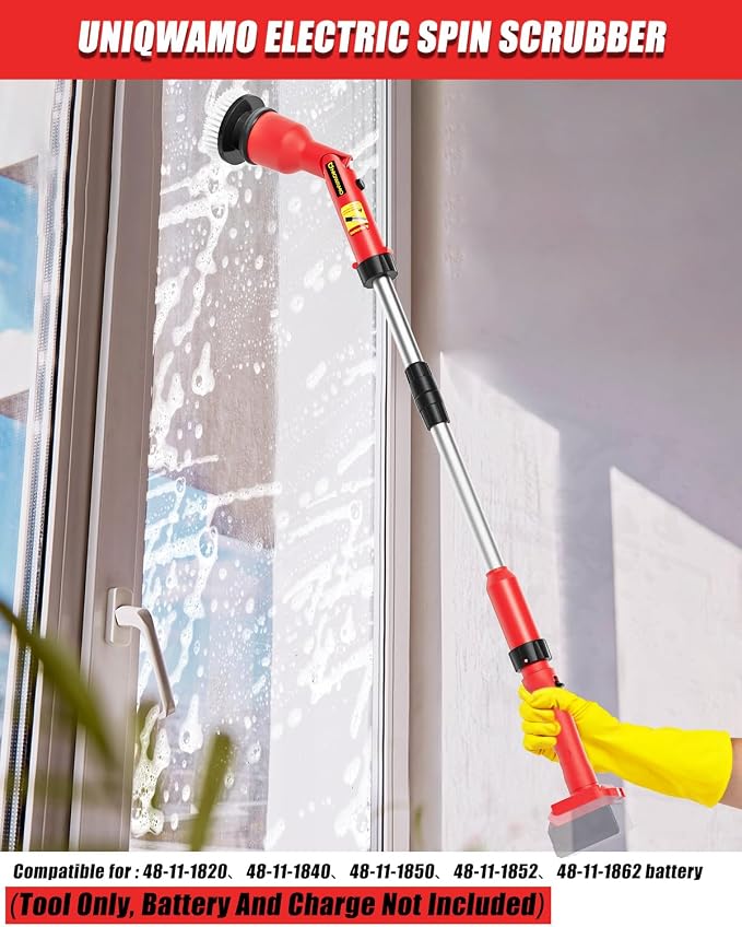 Uniqwamo Electric Spin Scrubber Compatible for Milwaukee 18V Battery | 1000 RPM Battery Powered Scrubber with Adjustable Extension Arm & 8 Brushes & Gloves for Tub/Tile/Floor(Battery NOT Included)
