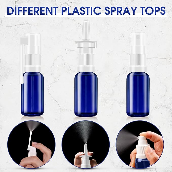 Nasal Spray Bottle, 3 Pcs 30ML/1oz Glass Refillable Continuous Fine Mister Spray Bottles, Travel Sized Empty Nasal Sprayer with Sprayers, Funnels and Labels(Blue)