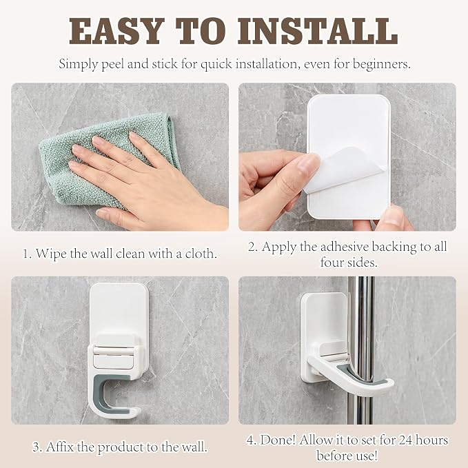 White 3-Pack Broom & Mop Wall Organizer – No-Drill Gripper Hanger for Household Cleaning Tools.