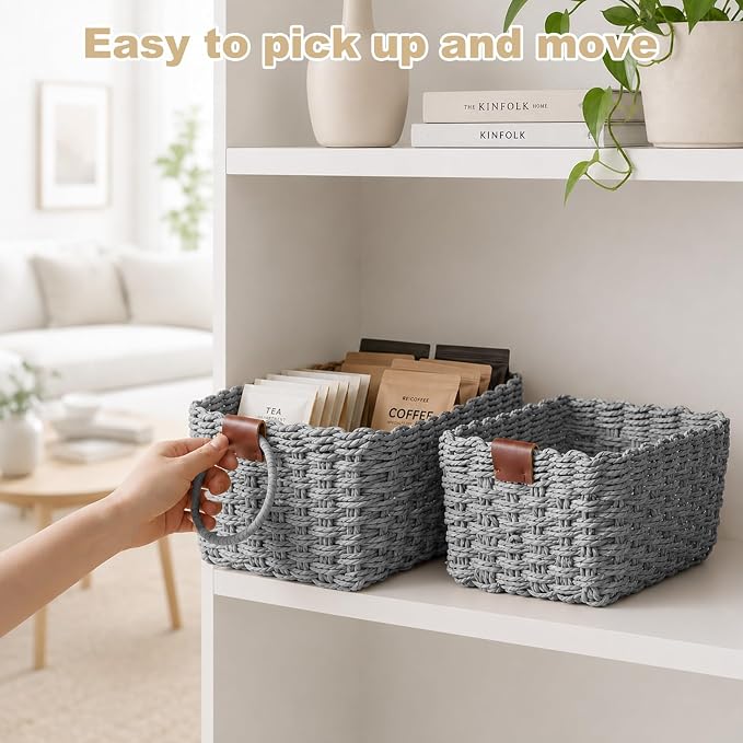 Paper Rope Storage Baskets Set of 3, Handwoven Decorative Wicker Organizer Bins with Handles for Shelves, Bathroom, Closet & Pantry, Soft Woven Nesting Storage Basket Set (Gray)