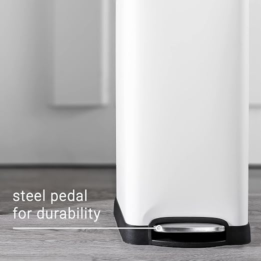 happimess Betty 8 Gal Step Trash Can Soft-Close Lid, Cotton White | Fingerprint Resistant, Removable Liner, Semi-Rectangular, Steel Pedal, Iron Powder Coated, 27" Height, Non-Skid Base