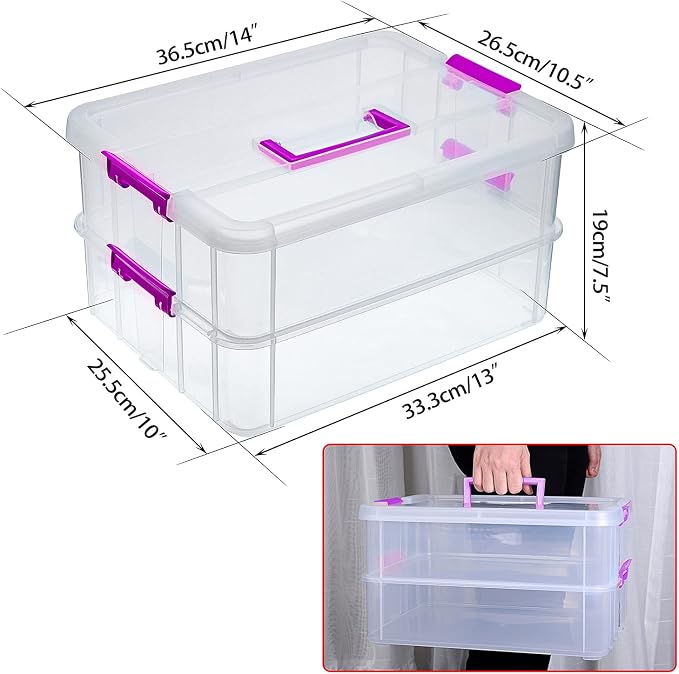 BTSKY 2 Layer Stack & Carry Box, Plastic Storage Container Box with Lid | Multipurpose Craft Organizers and Storage for Organizing Stationery, Sewing, Art Craft, Jewelry & Beauty Supplies, Purple