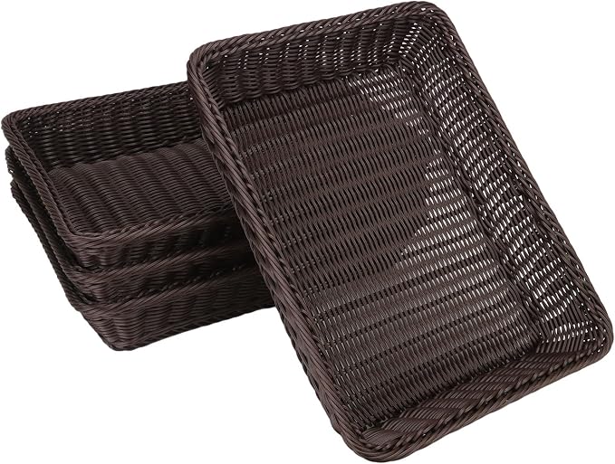 Poly Wicker Baskets 4 Pack 16 inch Coffee Large Wicker Baskets Storage – Rustic, Durable & Easy-Cleaning Bread Baskets, for Home, Restaurant & Hotel Use