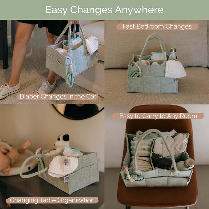 Parker Baby Co. Felt Diaper Caddy Organizer - Large, Sage | Portable nursery storage bin for diapers, wipes, bottles & baby essentials in home/car. Soft felt, foldable design 16x10x7"