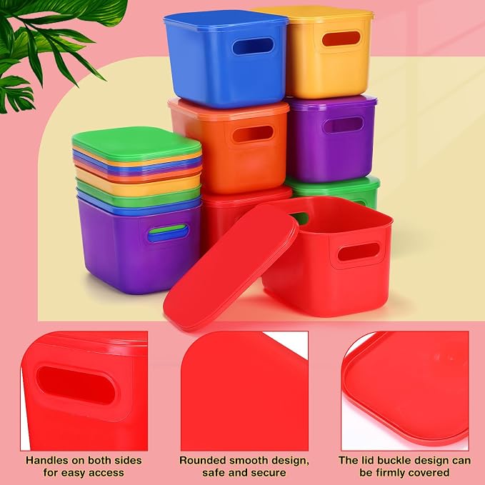 Thyle 6 Pack Colorful Plastic Storage Bins with Lids 7 Quart Vibrant Colored Toy Storage Box Stackable Nestable Organizer Box with Handle and Label for Classroom Shelf Bedroom Desktop School Supplies