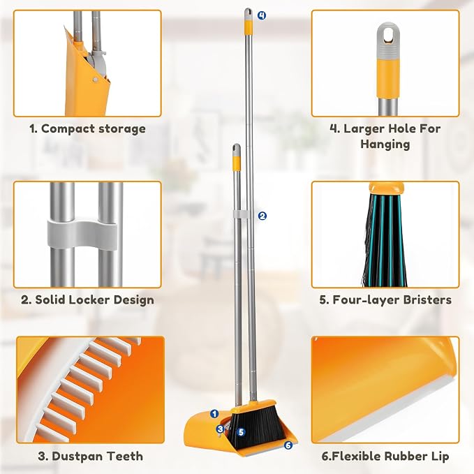 Broom and Dustpan Set with Long Handle 52", Standing Broom and Dust Pan Set for Home Kitchen Room Office Lobby Yellow