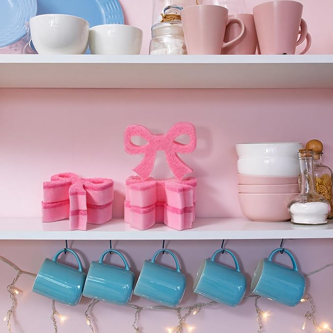 Tioncy 12 Pack Pink Bow Sponges Dual Sided Non Scratch Classic | Reusable for Dishwashing Cookware Pot Pan, Preppy Cute Kitchen Cleaning Accessories, Non Scratch Bulk Household Supplies