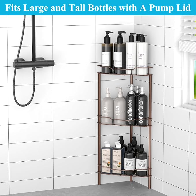 HuggieGems Metal Floor Standing Corner Shower Caddy, Coffee, 3 Tier | Adhesive Bathroom Organizer Shelves, Free Standing Shower Rack with Hooks, Hold Large Shampoo Bottles